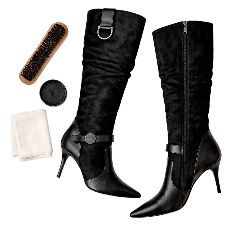Icone Italy Black Pony Hair Leather Knee High Boots Pointed Toe Stiletto 36 EUC